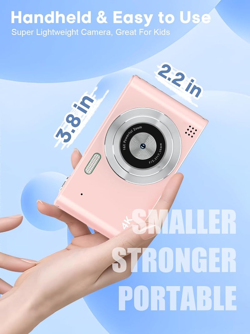 BEARBISU Digital Camera, 44MP Full HD 1080P Point and Shoot Camera with 64GB Card, Anti Shake 16X Zoom Compact Volg Cameras, Portable Small Digicam Gift for Kids, Ages Teen Girl Boy - Pink - Image 3